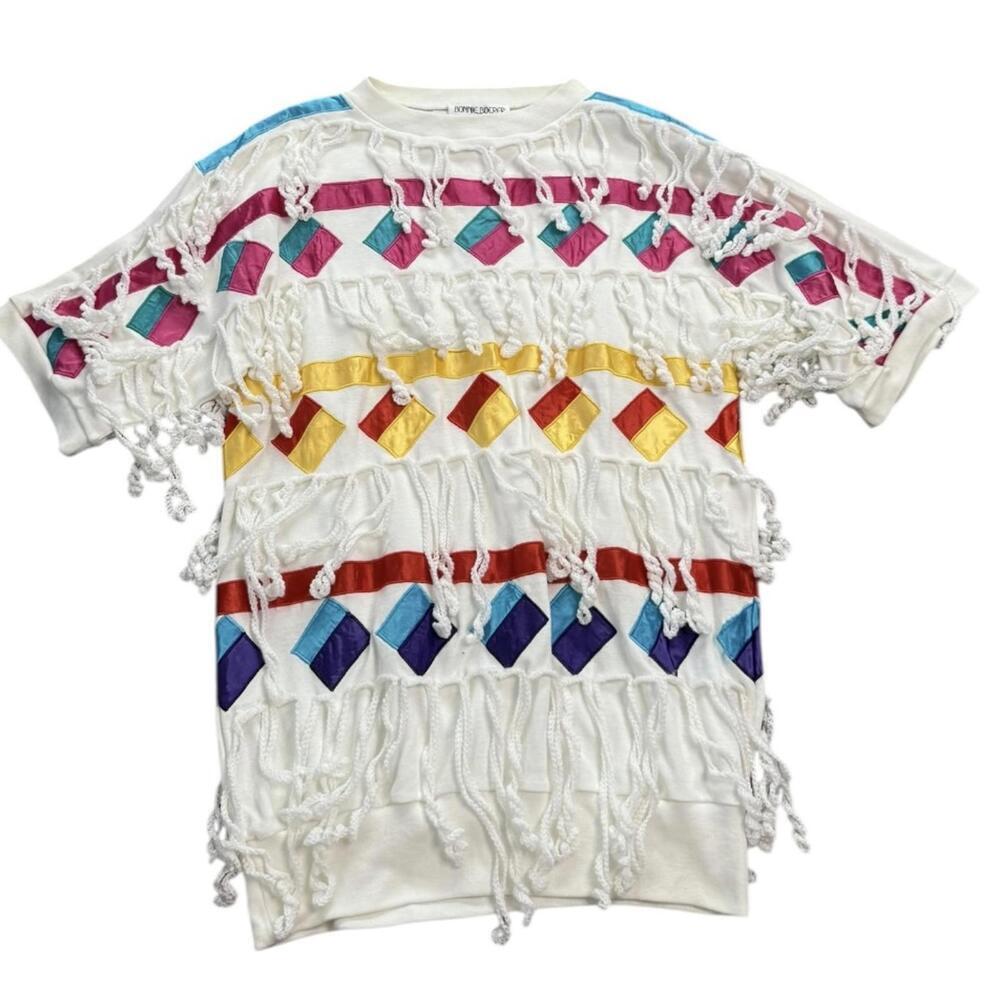 Bonnie Boerer fringe geometric applique top white multicolor 80s wearable art M